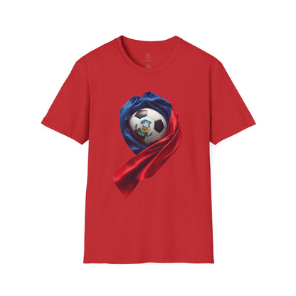 Haitian Soccer Ball T-shirt Enveloped in Flag Fabric with Coat of Arms Tee