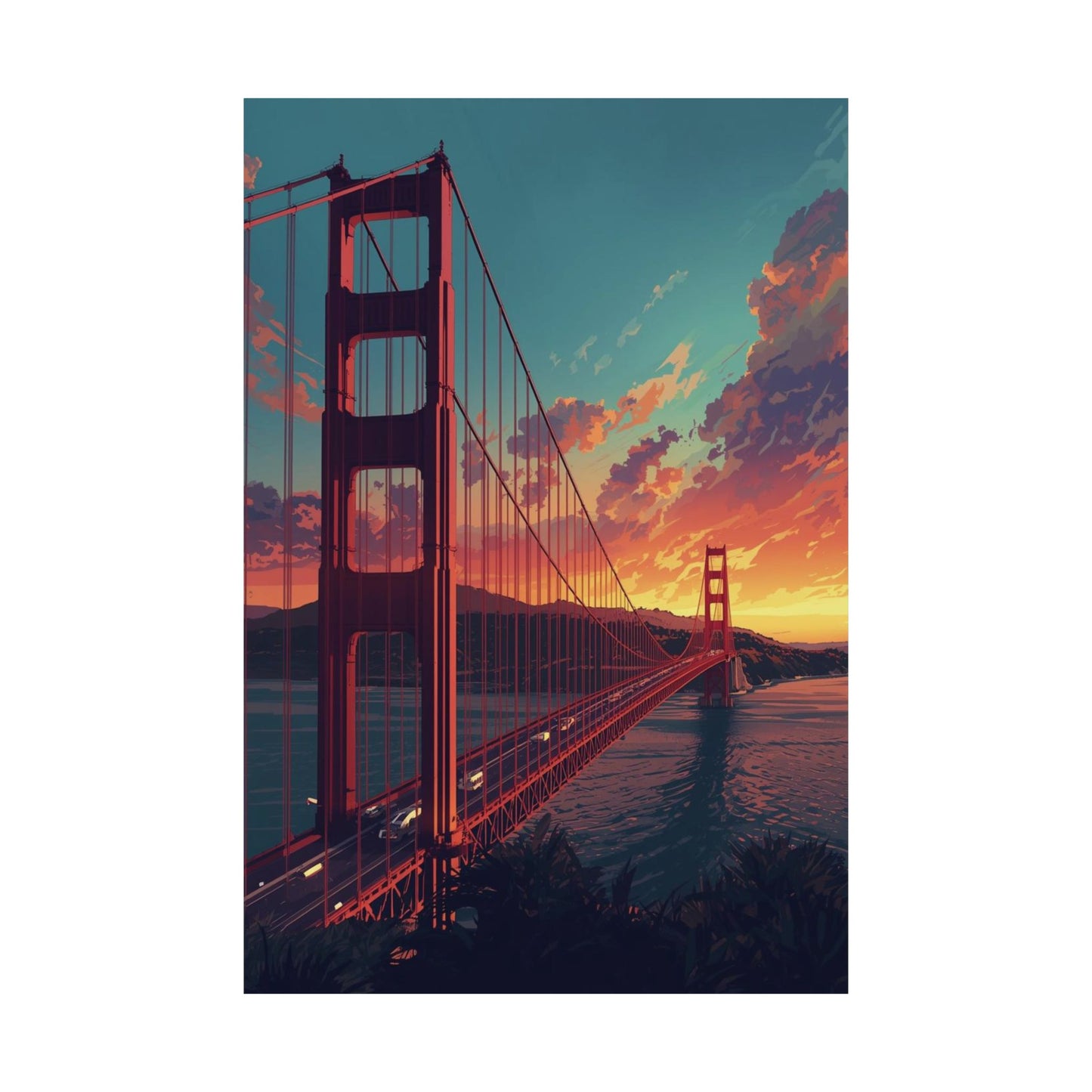 The Golden Gate Bridge at sunset with a vibrant sky.