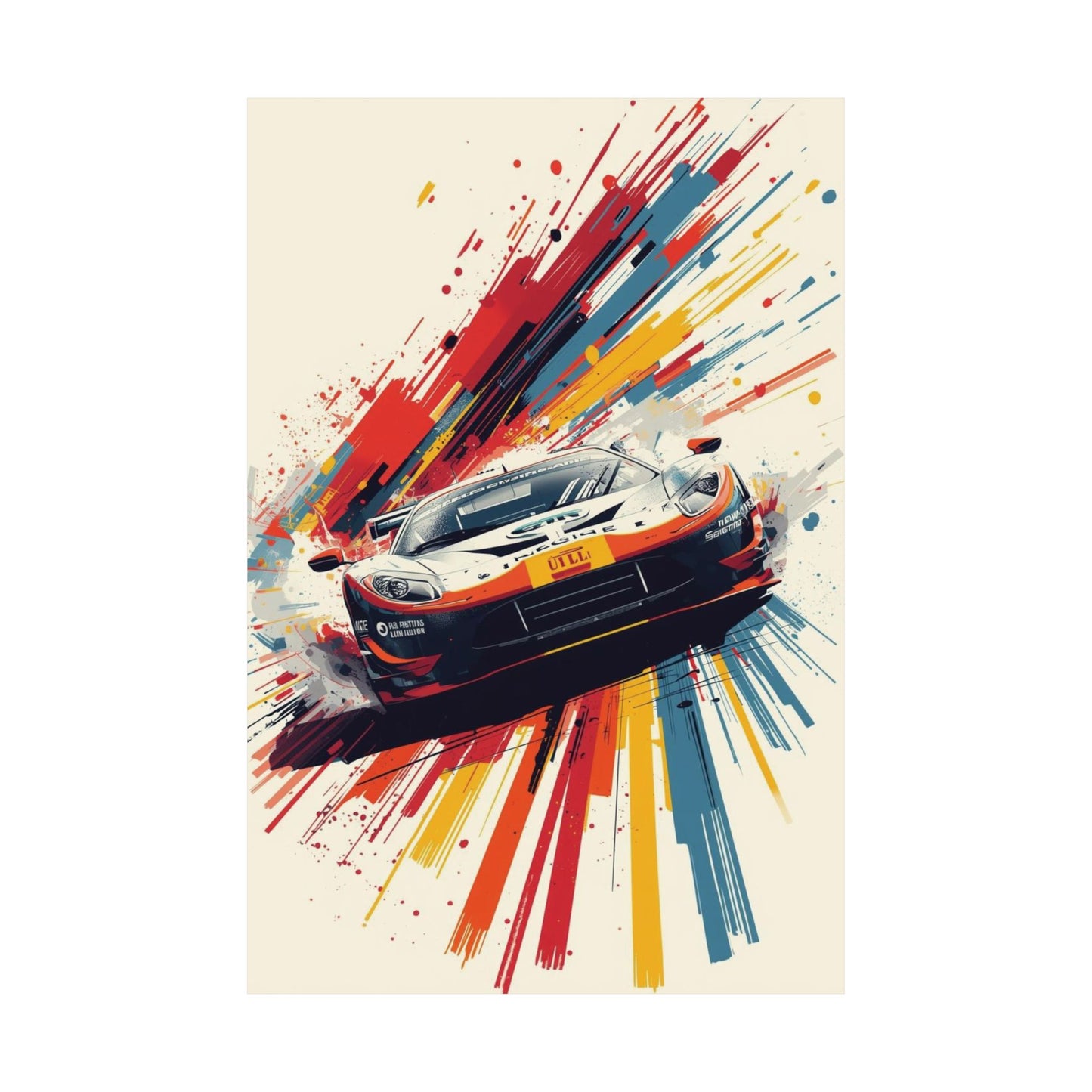 Colorful abstract design with a racing car on a beige background