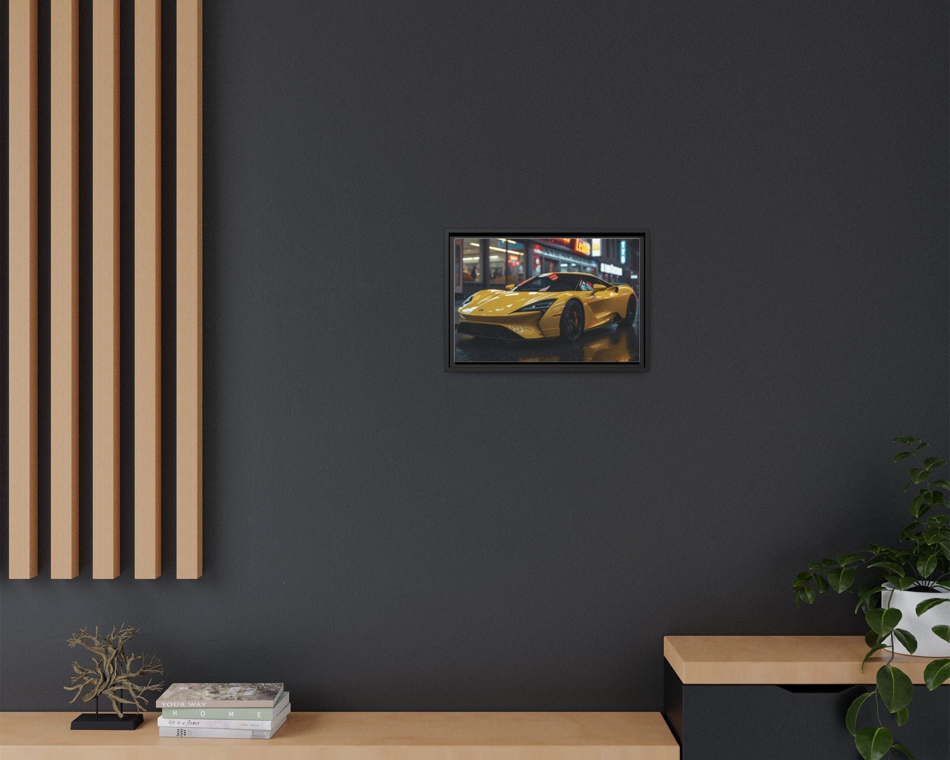 Framed artwork of a yellow sports car on a dark gray wall with wooden furniture and decor.