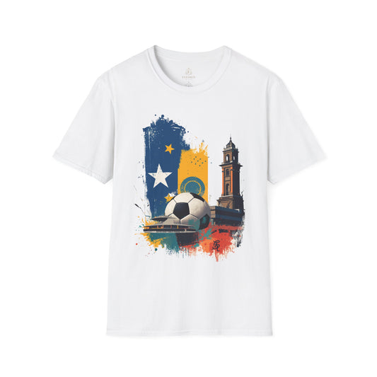 Curaçao National Football T-shirt Abstract Flag Clock Tower & Soccer Ball Tee