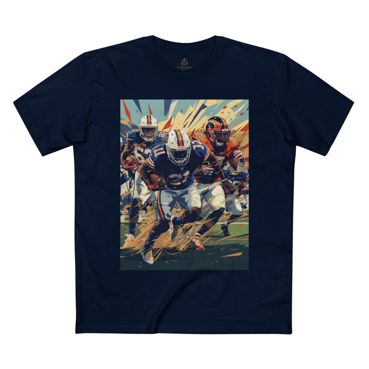 Navy blue t-shirt with a graphic of football players on a white background
