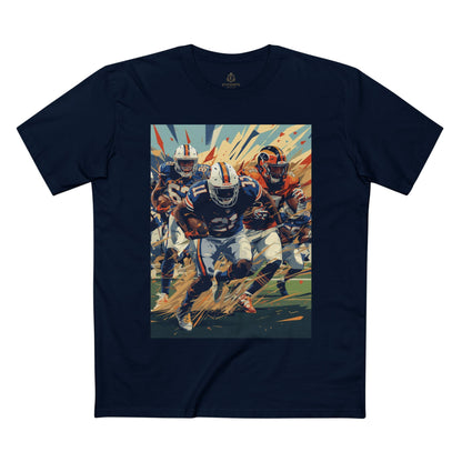 Navy blue t-shirt with a graphic of football players on a white background