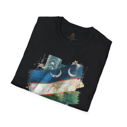 Uzbekistan Flag Soccer T-Shirt — Crescent Emblem & Landmark Design Tee