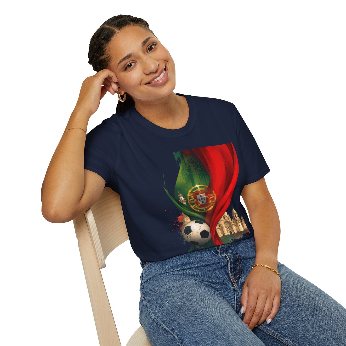 Portugal Flag Soccer T-Shirt — Portuguese Football Fan Tee with Lisbon Landmark