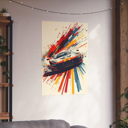 Colorful abstract wall art of a car on a white wall in a room with a plant and shelf.