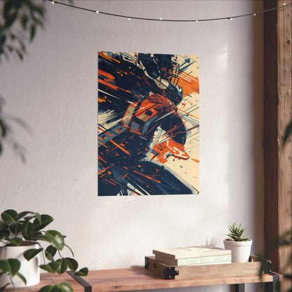Abstract art piece on a wall with a wooden shelf below