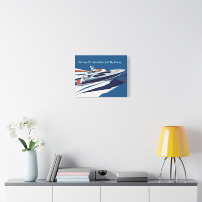 Canvas wall art of a yacht on a white wall above a shelf with decor items.
