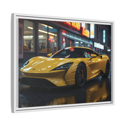 White Framed Yellow sports car on a city street at night with neon lights