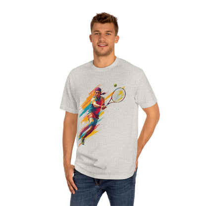 Tennis Player Graphic Tee — Colorful Action Racquet Design Shirt