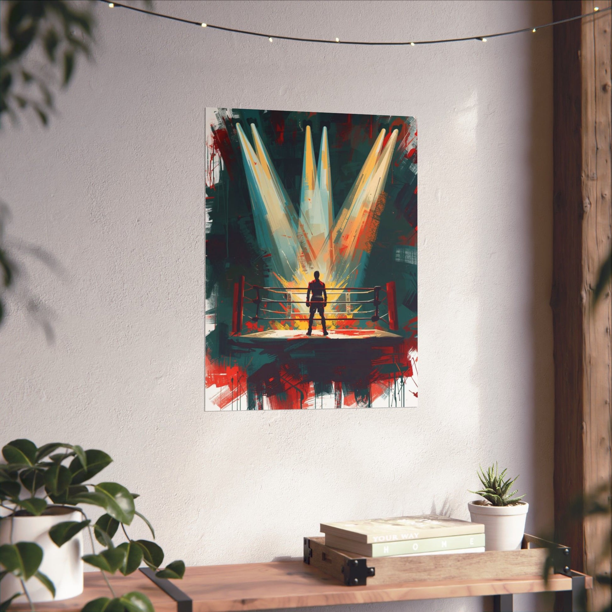 Abstract painting of a boxer in a ring on a wall above a wooden table with plants.