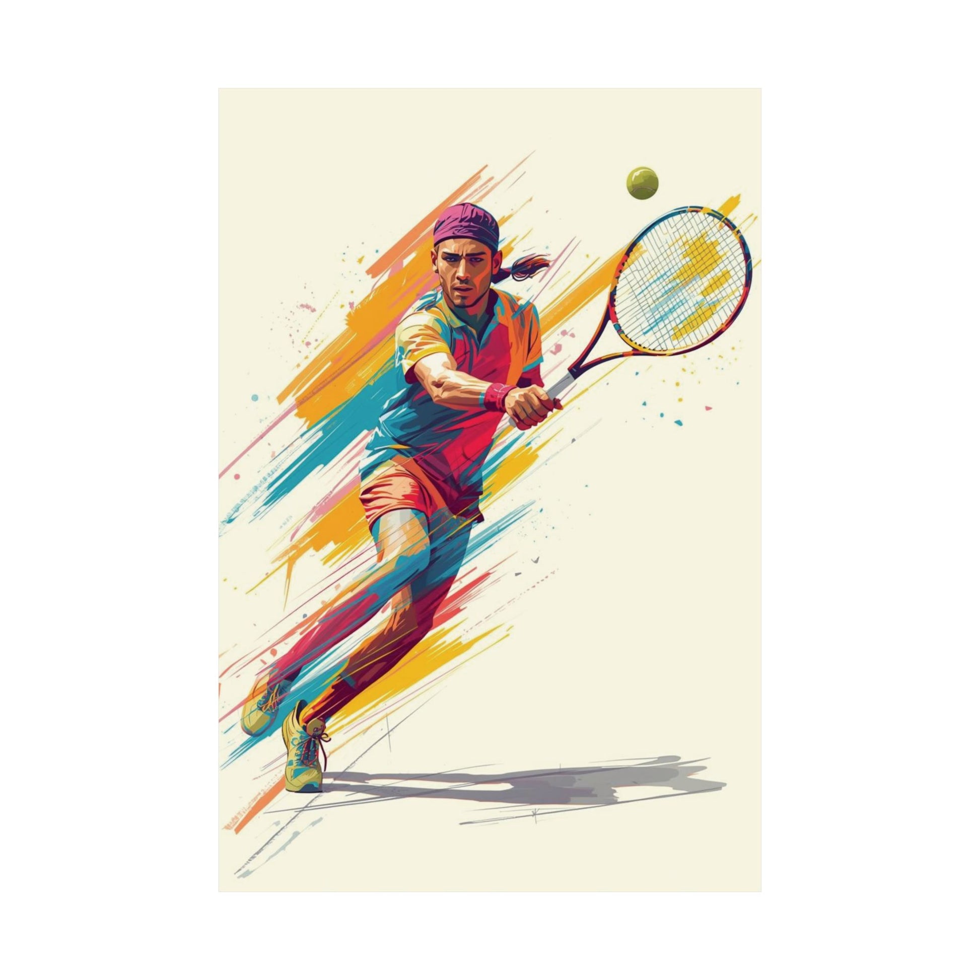 Colorful illustration of a tennis player in action with a racket and ball.