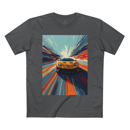 Gray t-shirt with a colorful graphic of a yellow car on a white background