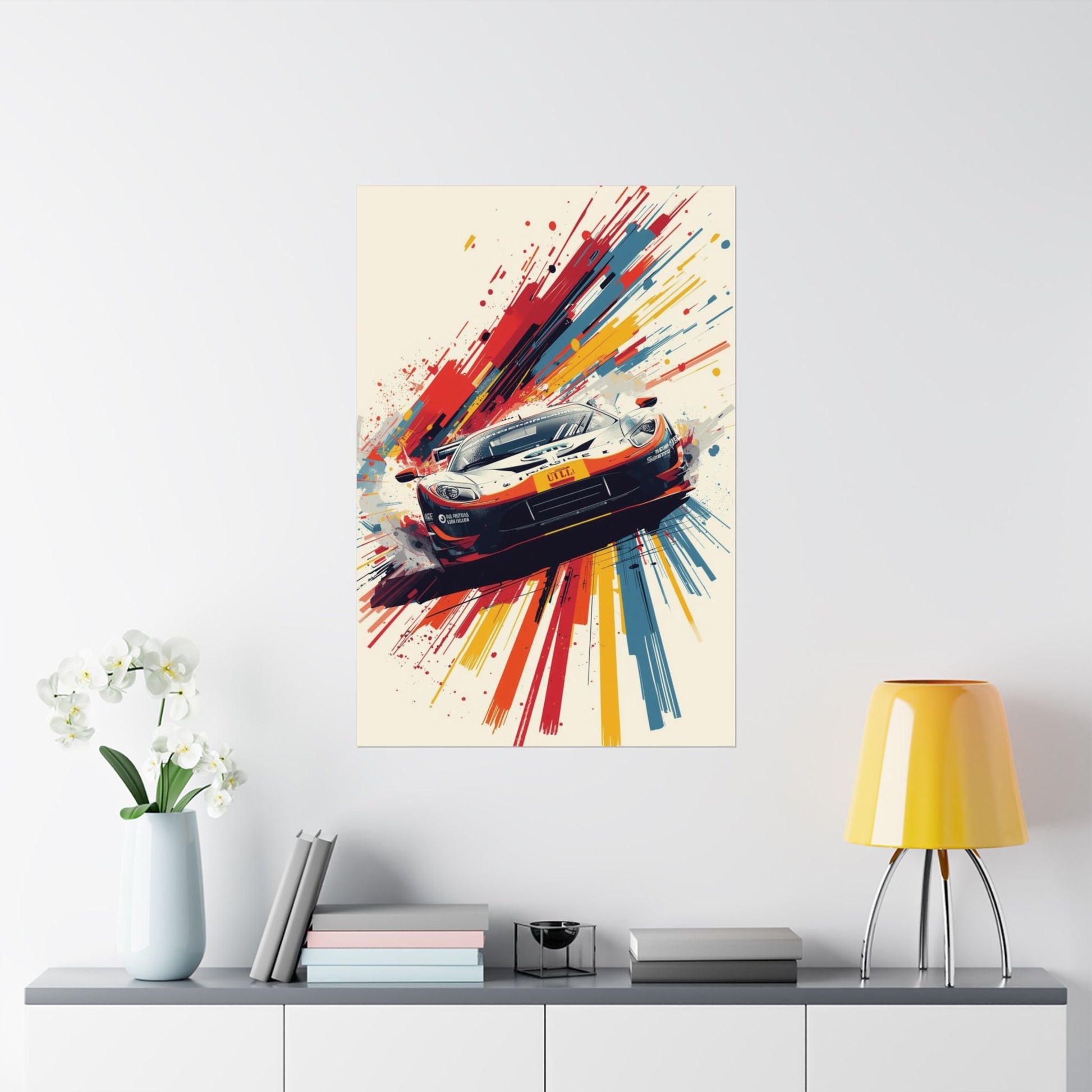 Colorful abstract painting of a car on a wall above a shelf with decor items.