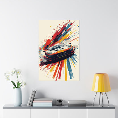 Colorful abstract painting of a car on a wall above a shelf with decor items.