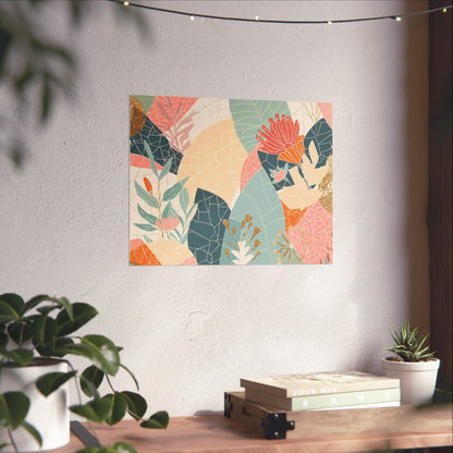 Botanical Mosaic Matte Horizontal Poster — Pastel Floral Wall Art, Calm Home Decor
