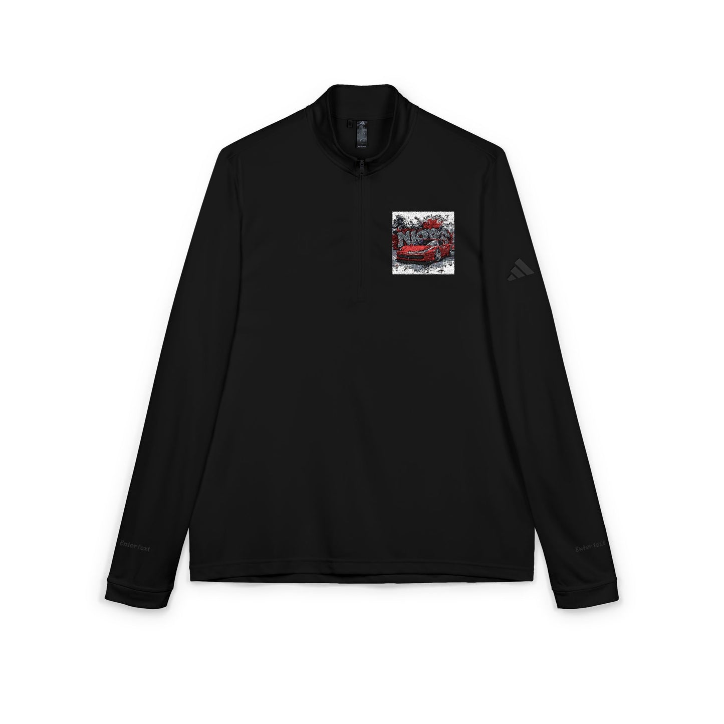 Black long-sleeve shirt with a small graphic on the chest against a white background