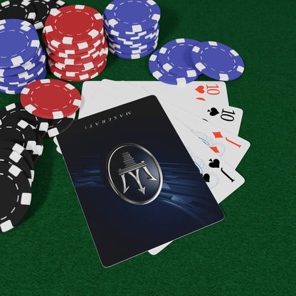 Poker chips and cards on a green felt surface with a branded card.