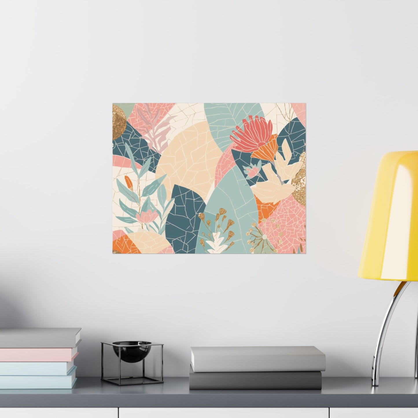 Botanical Mosaic Matte Horizontal Poster — Pastel Floral Wall Art, Calm Home Decor