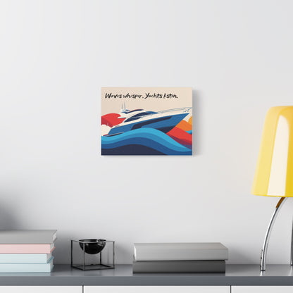 Canvas wall art of a yacht design with wavy lines on a wall above a desk.