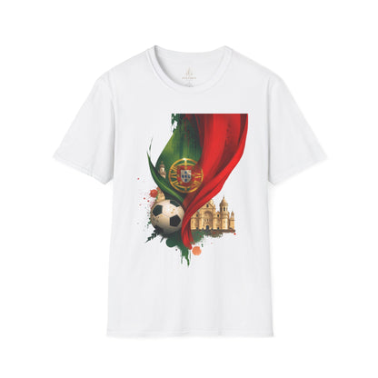White t-shirt with a design of a soccer ball, flag, and building on a white background