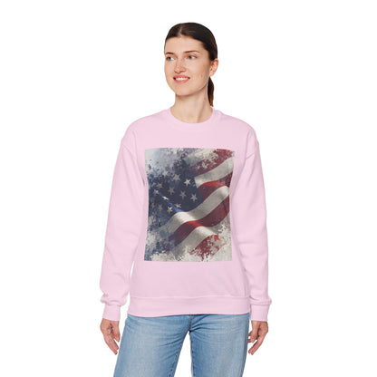 Woman wearing a pink sweatshirt with a vintage American flag design on a white background