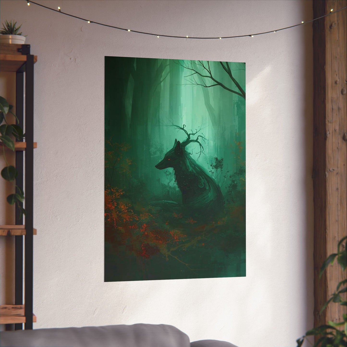 Mystic Forest Wolf Wall Art Poster | Dark Green Woodland Matte Print