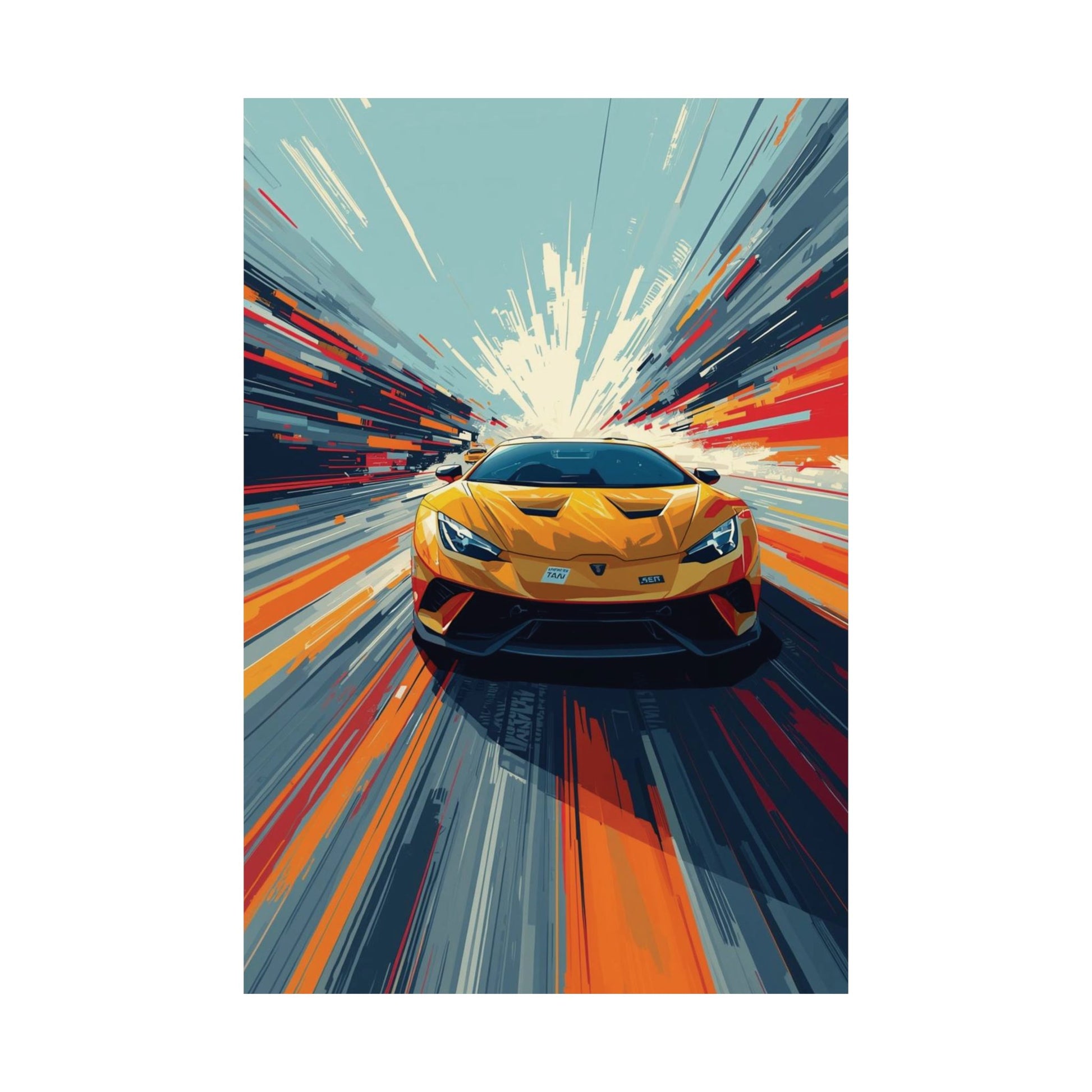 Yellow sports car on a dynamic road with colorful abstract design