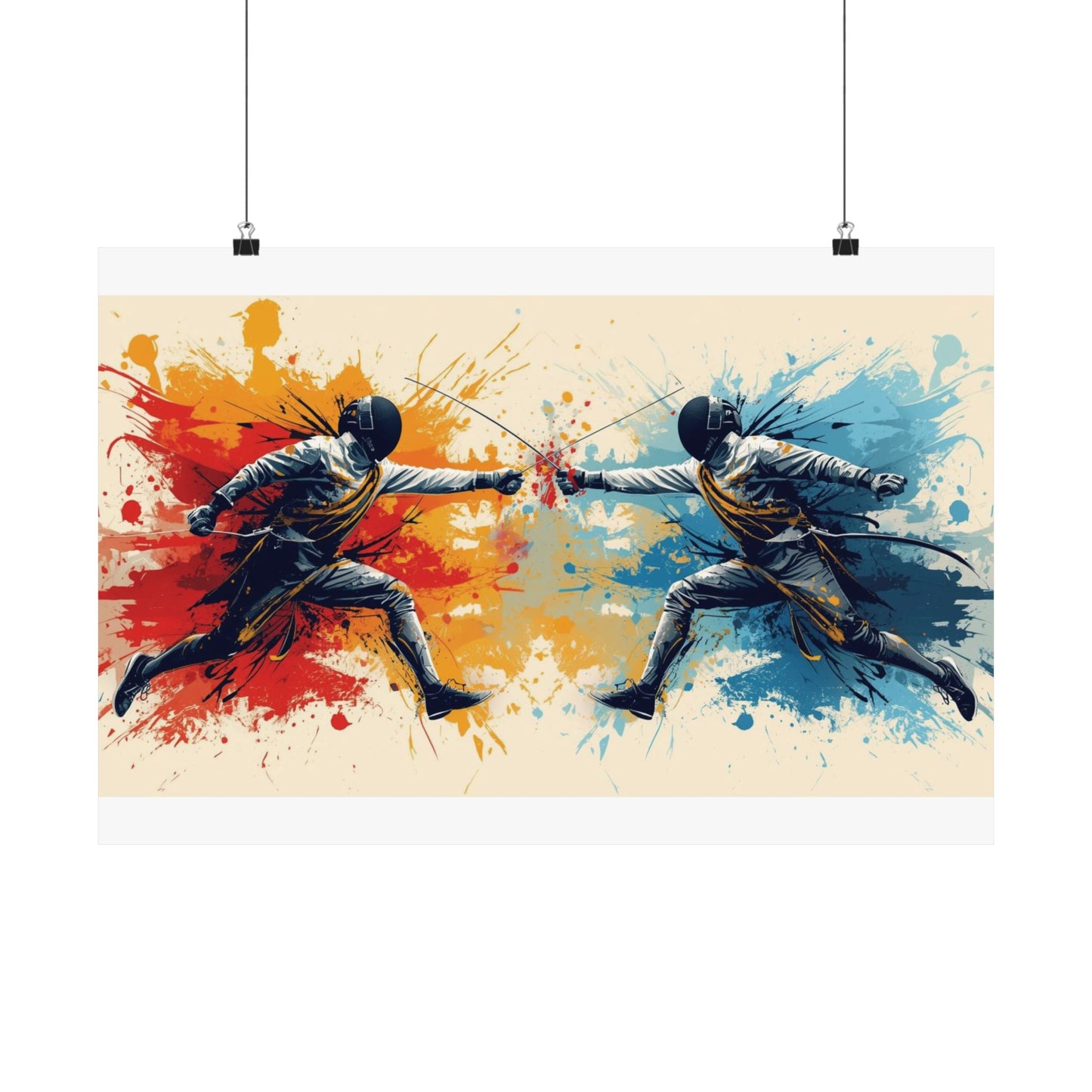 Artistic depiction of two fencers with colorful splashes on a beige background