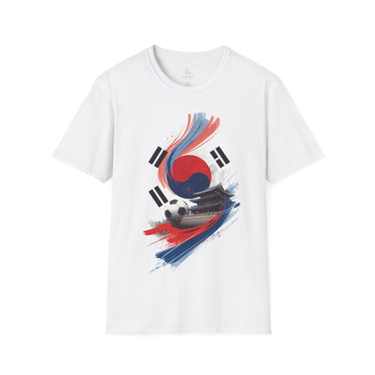 South Korea Flag Soccer T-Shirt — Taeguk & Hanok Brushstroke Design Tee