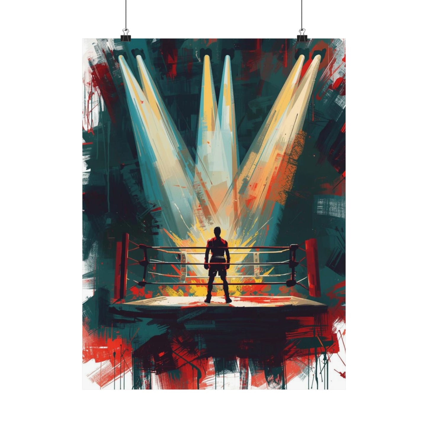 Artistic depiction of a boxer in a boxing ring with dramatic lighting and colors.