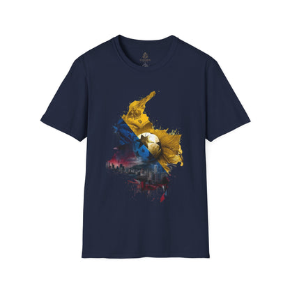 Colombia Map Skyline Football T-Shirt — Watercolor Grunge Soccer Design Tee