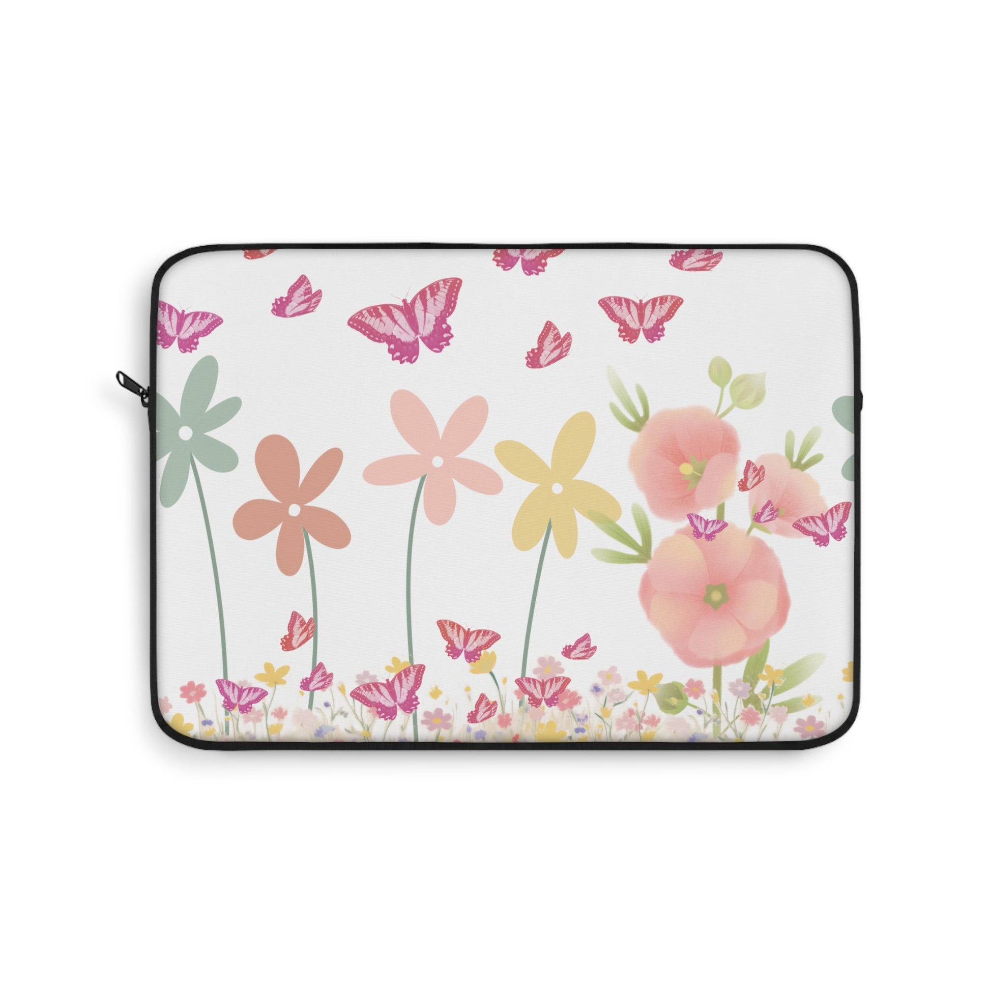 Laptop sleeve with floral and butterfly design on a white background