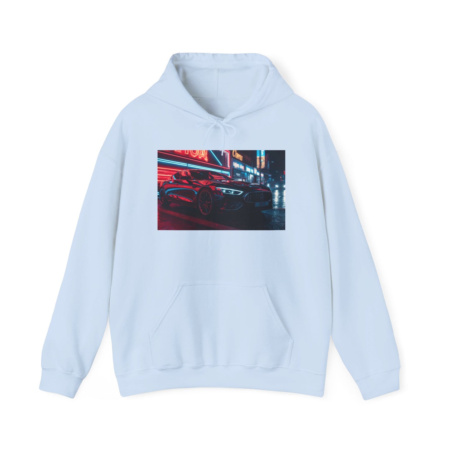 Light blue hoodie with a graphic of a car on a city street at night.