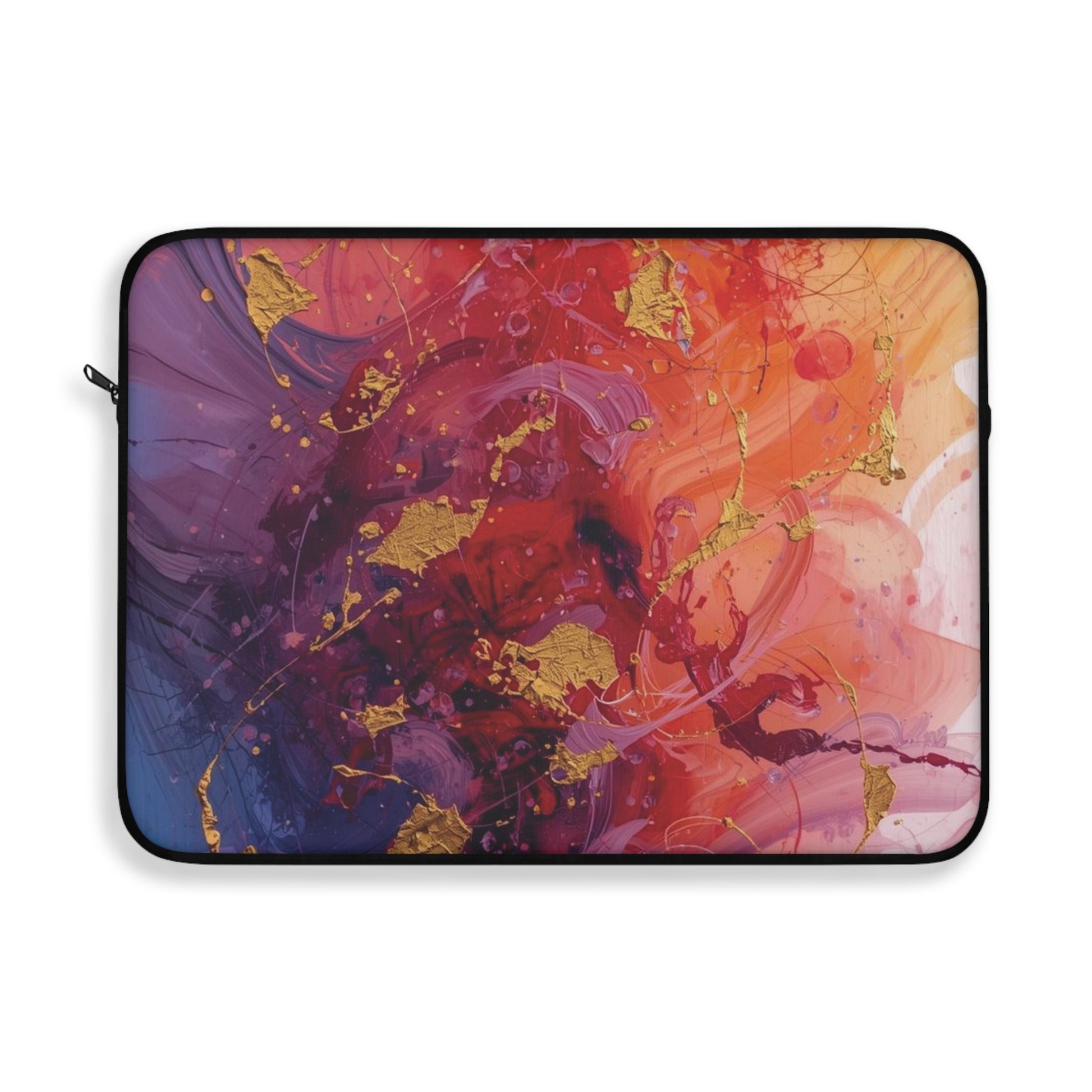 Colorful abstract laptop sleeve with gold accents on a white background