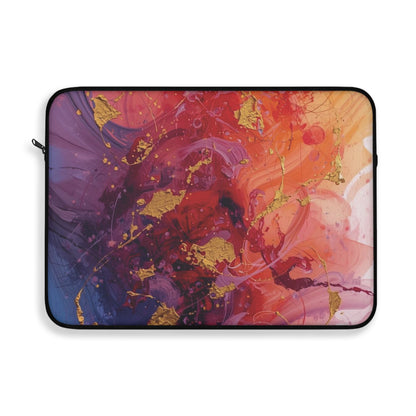 Colorful abstract laptop sleeve with gold accents on a white background