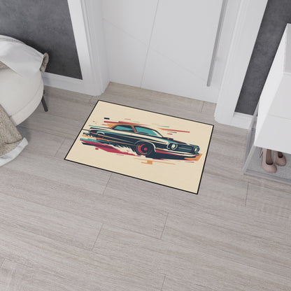 Doormat with a car design on a wooden floor