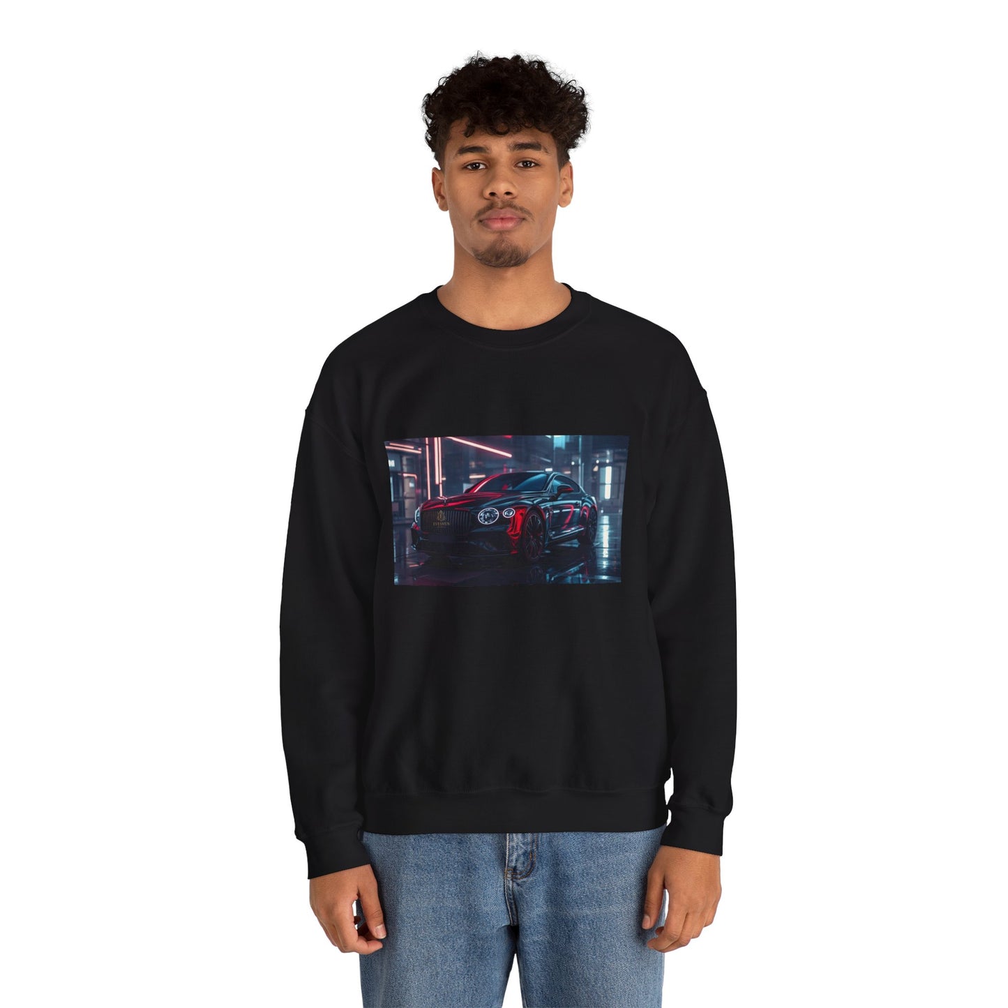 Person wearing a black sweatshirt with a graphic design on a white background