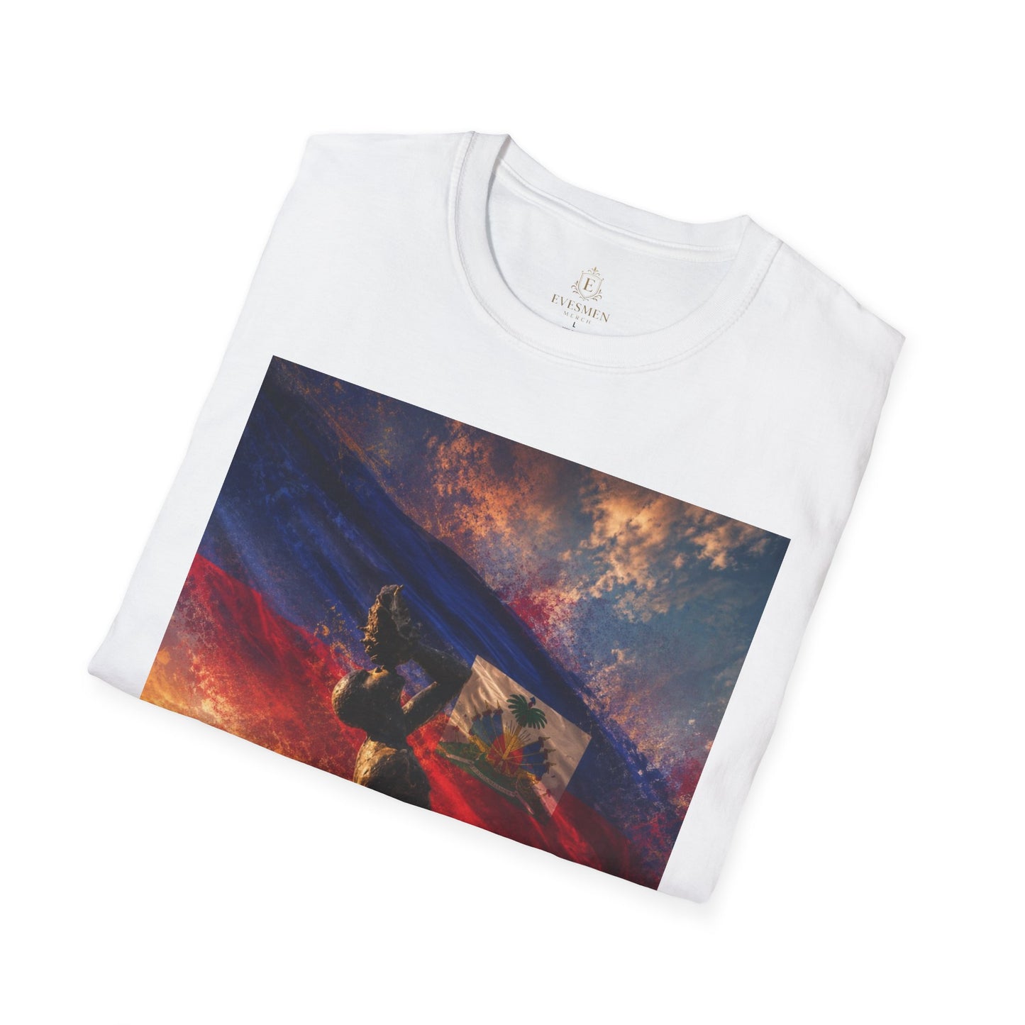 Haitian "Marron Inconnu" Sculpture T-Shirt — Spirit of Freedom & Flag Fan Tee