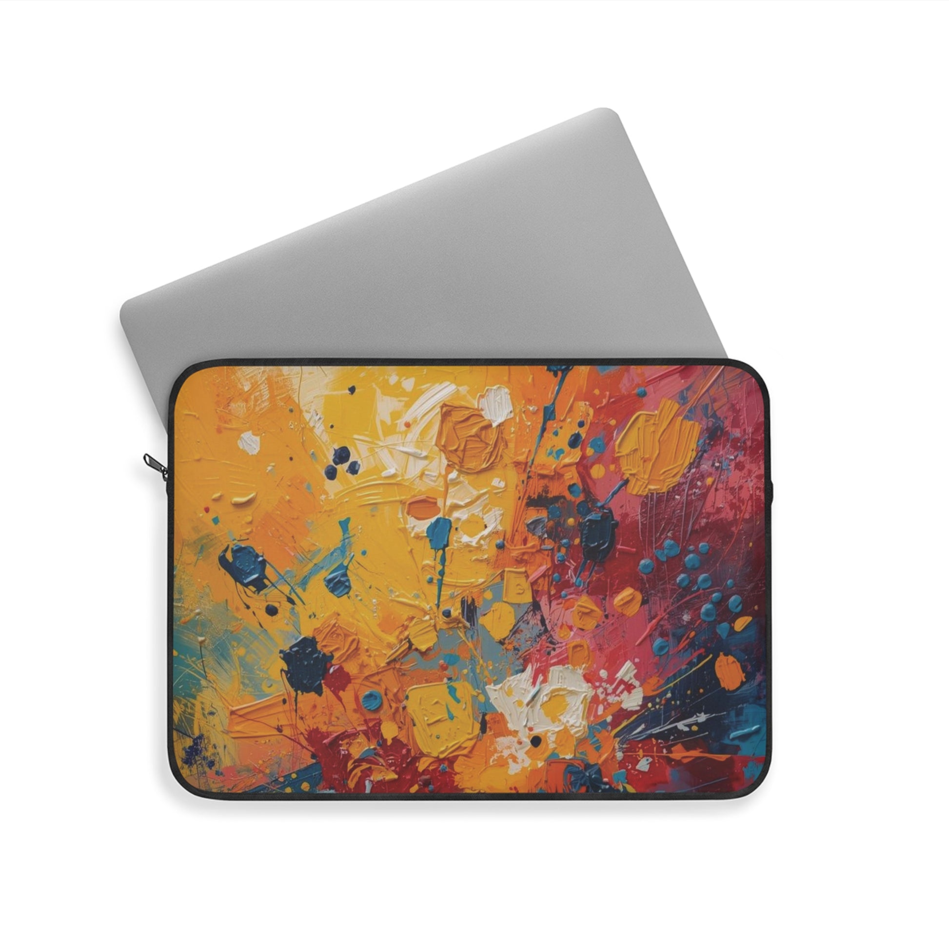 Colorful abstract laptop sleeve with a white background