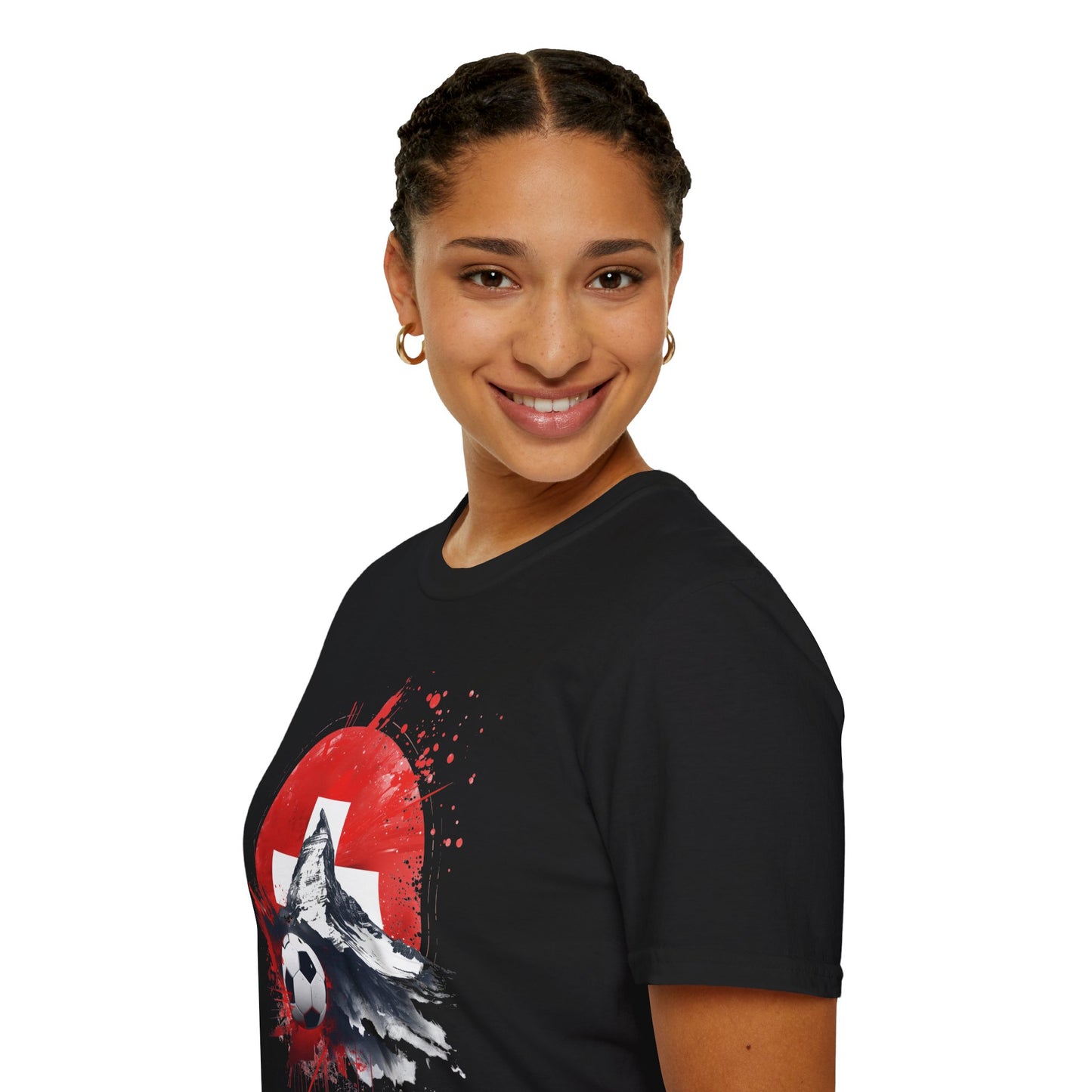 Swiss Flag Soccer T-Shirt with Grunge Paint Splatter and Alps Peak Design Tee
