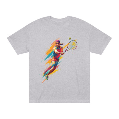 Tennis Player Graphic Tee — Colorful Action Racquet Design Shirt