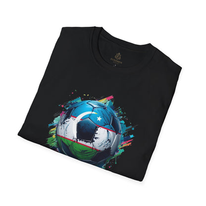 Uzbekistan Football Flag Splatter T-Shirt Abstract Crescent Moon Design Tee