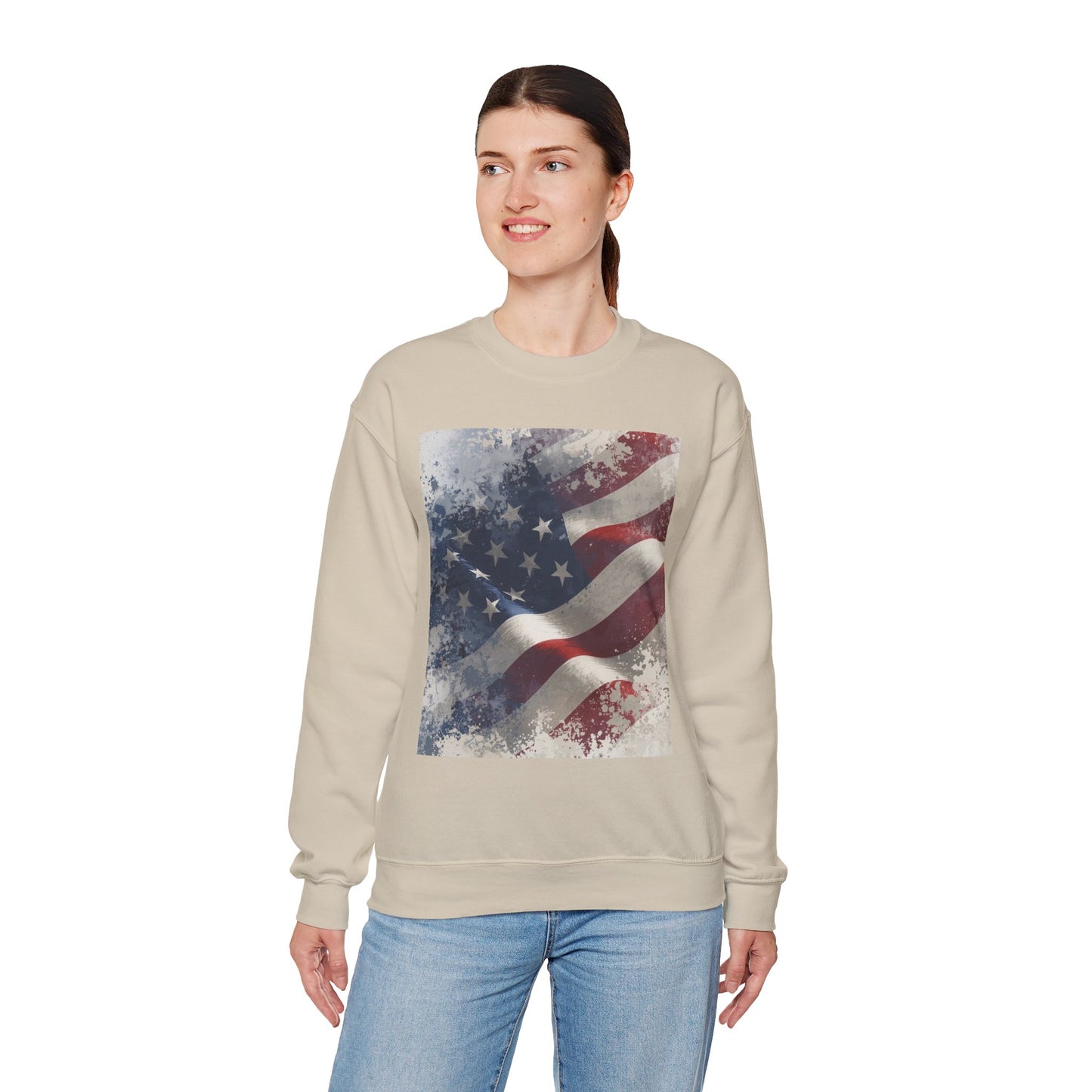 Woman wearing a beige sweatshirt with a vintage American flag design on a white background
