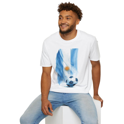 Argentina Flag Soccer T-Shirt — Watercolor Sun & Ball Design Tee
