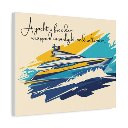 Canvas wall art with a yacht illustration and text on a beige background