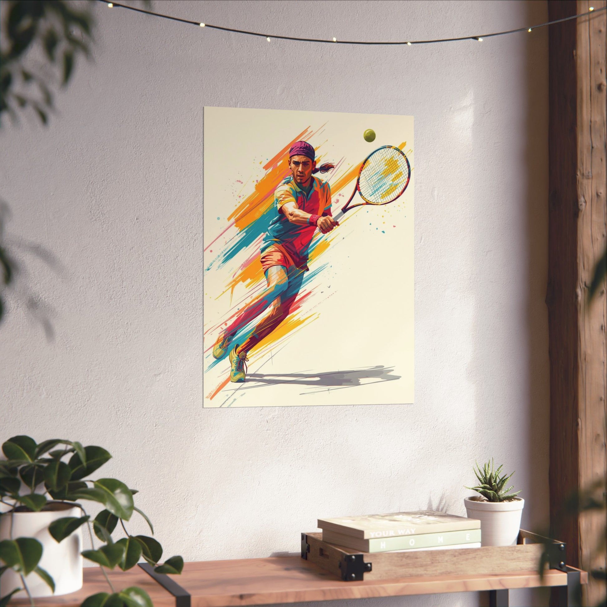 Colorful abstract painting of a tennis player on a wall above a wooden shelf with books and plants.