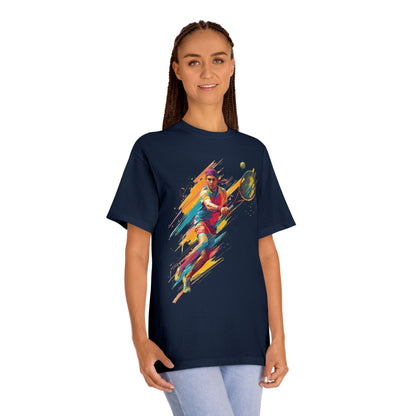 Tennis Player Graphic Tee — Colorful Action Racquet Design Shirt