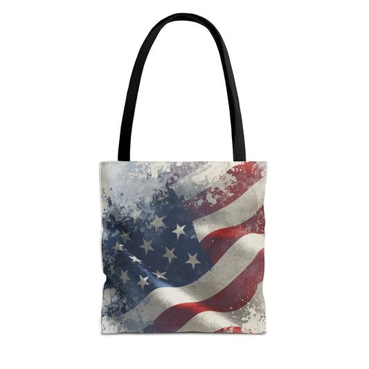 Tote bag with American flag design on a white background