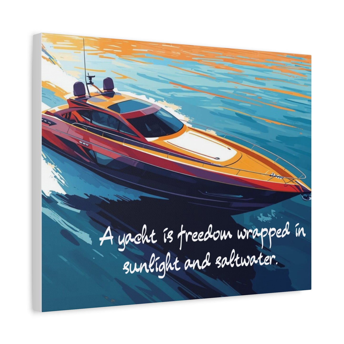 Colorful yacht canvas wall art on water with a quote on a white background